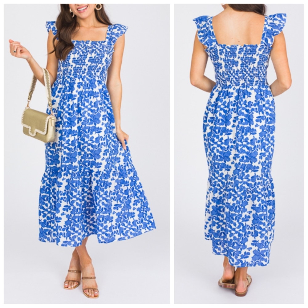 THML Renee Floral Smock Maxi In Blue Size XS